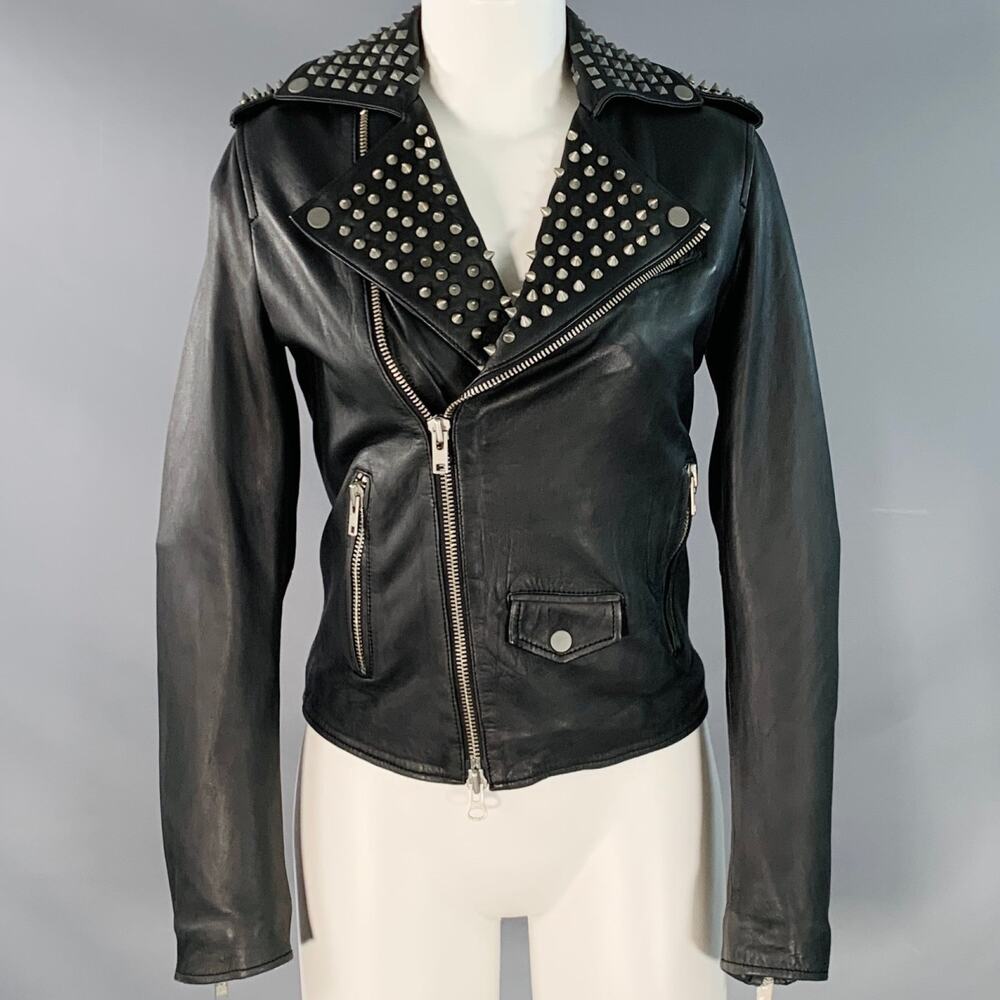 MUUBAA Size 6 Black Studded Lambskin Leather Biker Jacket